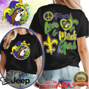 Peace Love & Mardi Gras Buc ee's Jester Logo T Shirt
