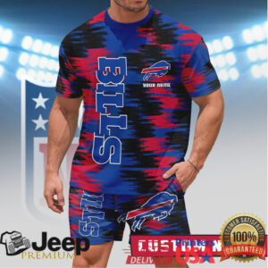 Personalized Buffalo Bills Blue & Red Splatter Graphic T Shirt and Shorts