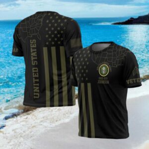 Personalized US Army Veteran Black T Shirt with American Flag & Map Design