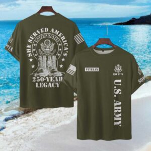 Personalized US Army Women's Veteran 250 Year Legacy Military Green T Shirt