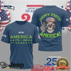 Seattle Seahawks America 250th Anniversary Patriotic Skull Navy T Shirt