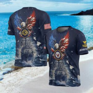 US Navy Semper Fortis Patriotic Eagle and Warship Graphic Shirt