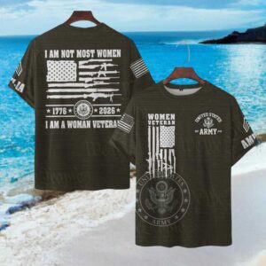Women Veteran US Army 1776 2026 Patriotic Rifles Flag T Shirt