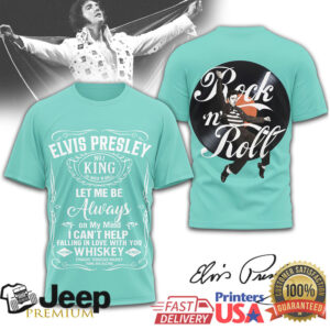 Elvis Presley The King of Rock n Roll Whiskey Label Style Teal T Shirt Elvis Presley The King of Rock n Roll Whiskey Label Style Teal T Shirt