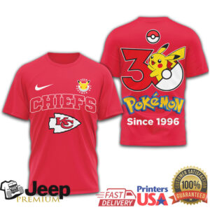 Kansas City Chiefs x Pokémon 30th Anniversary Pikachu T Shirt Since 1996