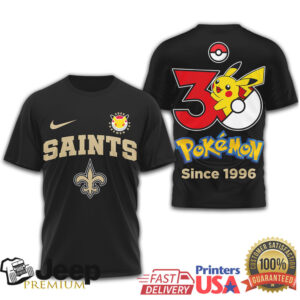 New Orleans Saints x Pokémon 30th Anniversary Pikachu T Shirt Since 1996