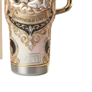Snoopy “Happiness Is Simple” Gold & Pink Filigree 40oz Tumbler Luxury Peanuts Edition