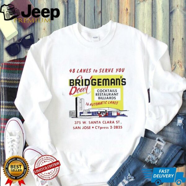 Bridgeman’s Bowl 48 lanes to serve you cocktails restaurant billiards shirt