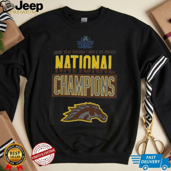 Champion Western Michigan Broncos Gray 2025 NCAA Frozen Four Men’s Ice Hockey National Champions Locker Room T Shirt