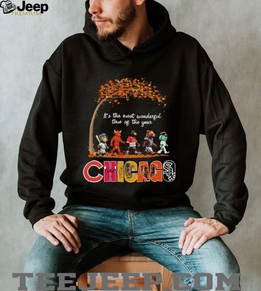 Detailed view of the Chicago Sports Teams Mascots & Beatles Abbey Road 'It’s The Most Wonderful Time Of The Year' Shirt