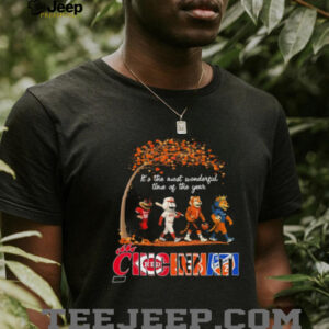 Cincinnati Sports Teams Mascots & Beatles Abbey Road “It’s The Most Wonderful Time Of The Year” Shirt – Who Dey Mascot & Classic Holiday Music Tee