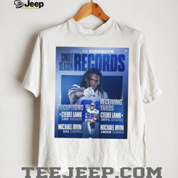 Dallas Cowboys Single Season Records Receptions Ceedee Lamb 122 2023 Michael Irvin 111 1995 Receiving Yards Ceedee Lamb 1671 2023 Michael Irvin 1603 1995 Poster T Shirt