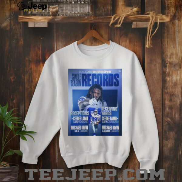 Dallas Cowboys Single Season Records Receptions Ceedee Lamb 122 2023 Michael Irvin 111 1995 Receiving Yards Ceedee Lamb 1671 2023 Michael Irvin 1603 1995 Poster T Shirt