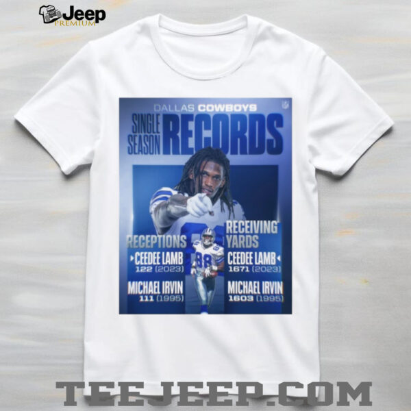 Dallas Cowboys Single Season Records Receptions Ceedee Lamb 122 2023 Michael Irvin 111 1995 Receiving Yards Ceedee Lamb 1671 2023 Michael Irvin 1603 1995 Poster T Shirt