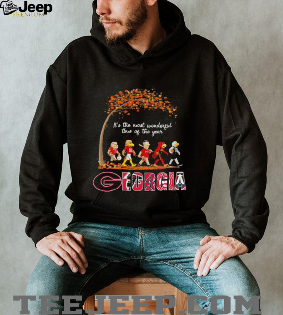Detailed view of the Georgia Sports Teams Mascots & Beatles Abbey Road 'It’s The Most Wonderful Time Of The Year' Shirt