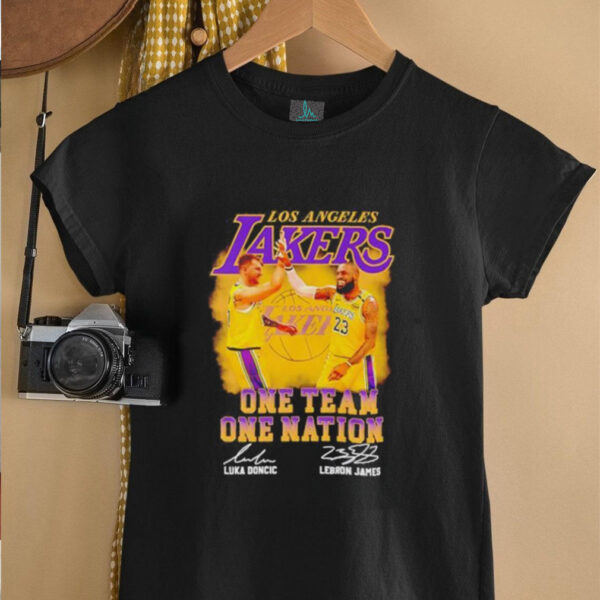 Luka Doncic and Lebron James Los Angeles Lakers one team one nation signatures shirt