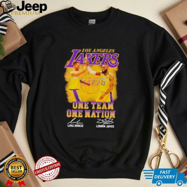 Luka Doncic and Lebron James Los Angeles Lakers one team one nation signatures shirt