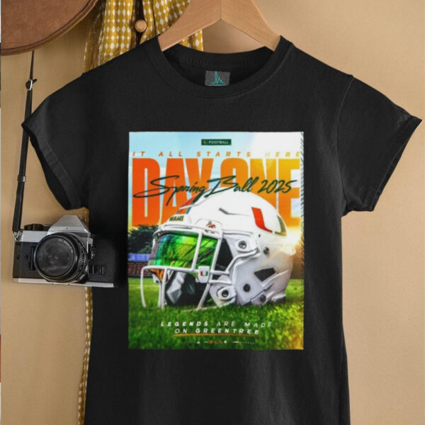 MiamiHurricanes It All Starts Here Day One Spring Ball 2025 Legends Are Made On Greentree Helmet Poster T Shirt