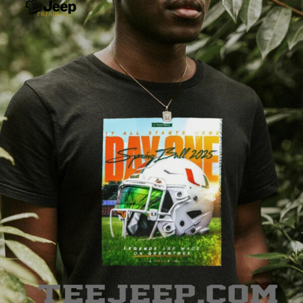 MiamiHurricanes It All Starts Here Day One Spring Ball 2025 Legends Are Made On Greentree Helmet Poster T Shirt