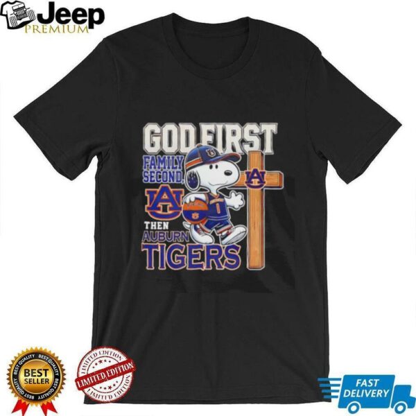 Snoopy walking God first family second then Auburn Tigers shirt