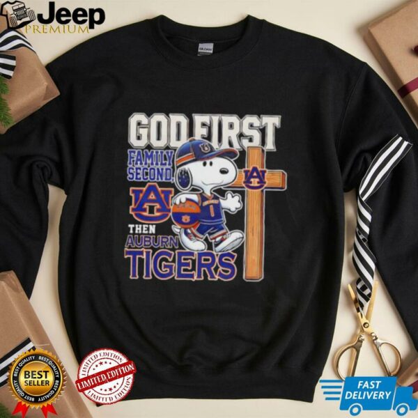 Snoopy walking God first family second then Auburn Tigers shirt