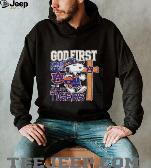 Snoopy walking God first family second then Auburn Tigers shirt