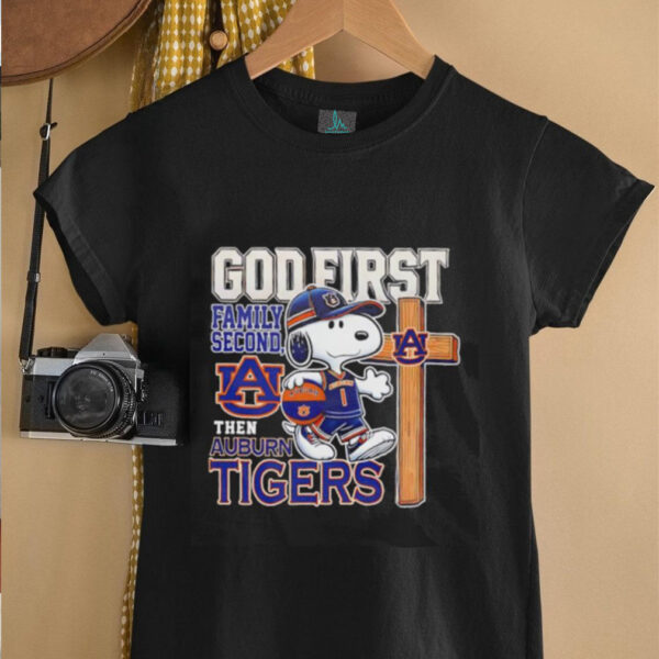 Snoopy walking God first family second then Auburn Tigers shirt