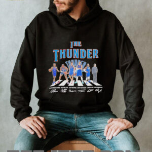 The Oklahoma City Thunder walking across signatures shirt