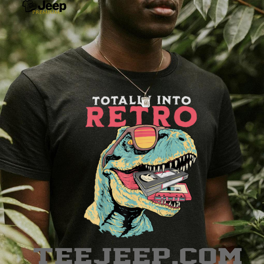 Totally Into Retro Dinosaur T rex VHS Cassette Tape Vintage T Shirt side view