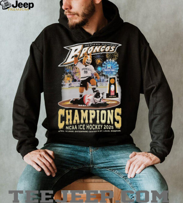 Western Michigan Broncos Stomp Boston University Terriers National NCAA Ice Hockey 2025 Champions Frozen Four Mascot Trophy T shirts