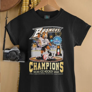 Western Michigan Broncos Stomp Boston University Terriers National NCAA Ice Hockey 2025 Champions Frozen Four Mascot Trophy T shirts2