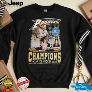 Western Michigan Broncos Stomp Boston University Terriers National NCAA Ice Hockey 2025 Champions Frozen Four Mascot Trophy T shirts3