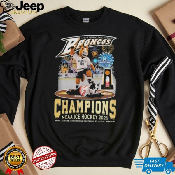 Western Michigan Broncos Stomp Boston University Terriers National NCAA Ice Hockey 2025 Champions Frozen Four Mascot Trophy T shirts