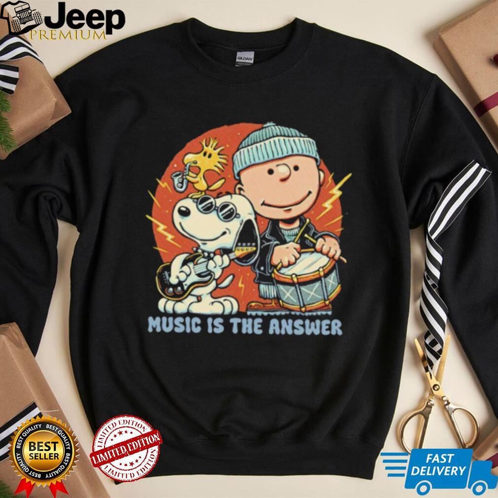 Woodstock Snoopy and Charlie Brown Music Is The Answer Shirt Front View
