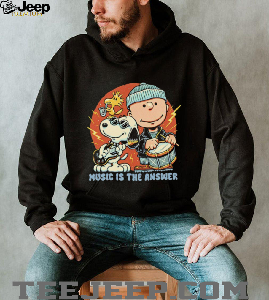 Fabric and label detail of Woodstock Snoopy and Charlie Brown Shirt