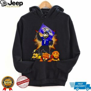 Baltimore Ravens mascot standing with flag shirt