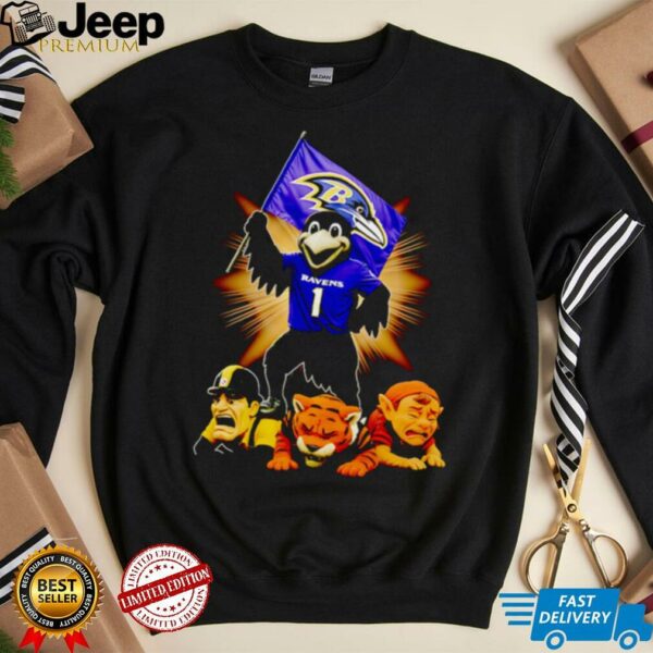 Baltimore Ravens mascot standing with flag shirt