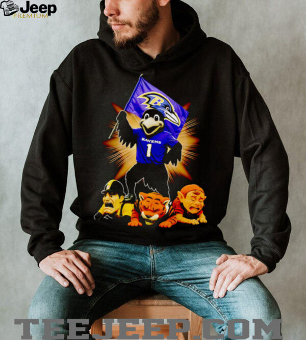 Baltimore Ravens mascot standing with flag shirt