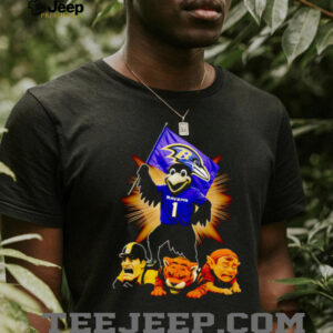 Baltimore Ravens mascot standing with flag shirt