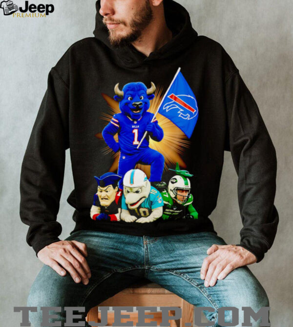 Buffalo Bills mascot standing with flag shirt