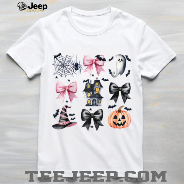 Cute Ghost Witch Hunted House Pumpkin Coquette Bow Halloween Raglan Baseball Tee Shirt