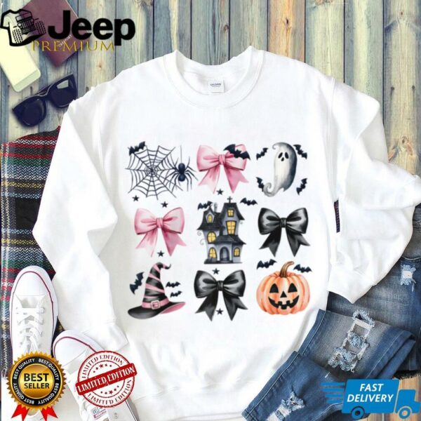 Cute Ghost Witch Hunted House Pumpkin Coquette Bow Halloween Raglan Baseball Tee Shirt