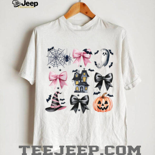 Cute Ghost Witch Hunted House Pumpkin Coquette Bow Halloween Raglan Baseball Tee Shirt