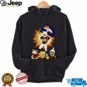Denver Broncos mascot standing with flag shirt