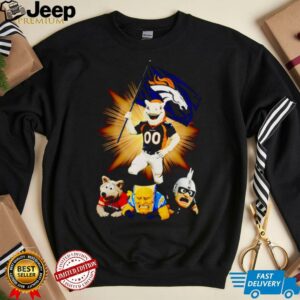 Denver Broncos mascot standing with flag shirt