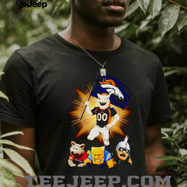 Denver Broncos mascot standing with flag shirt