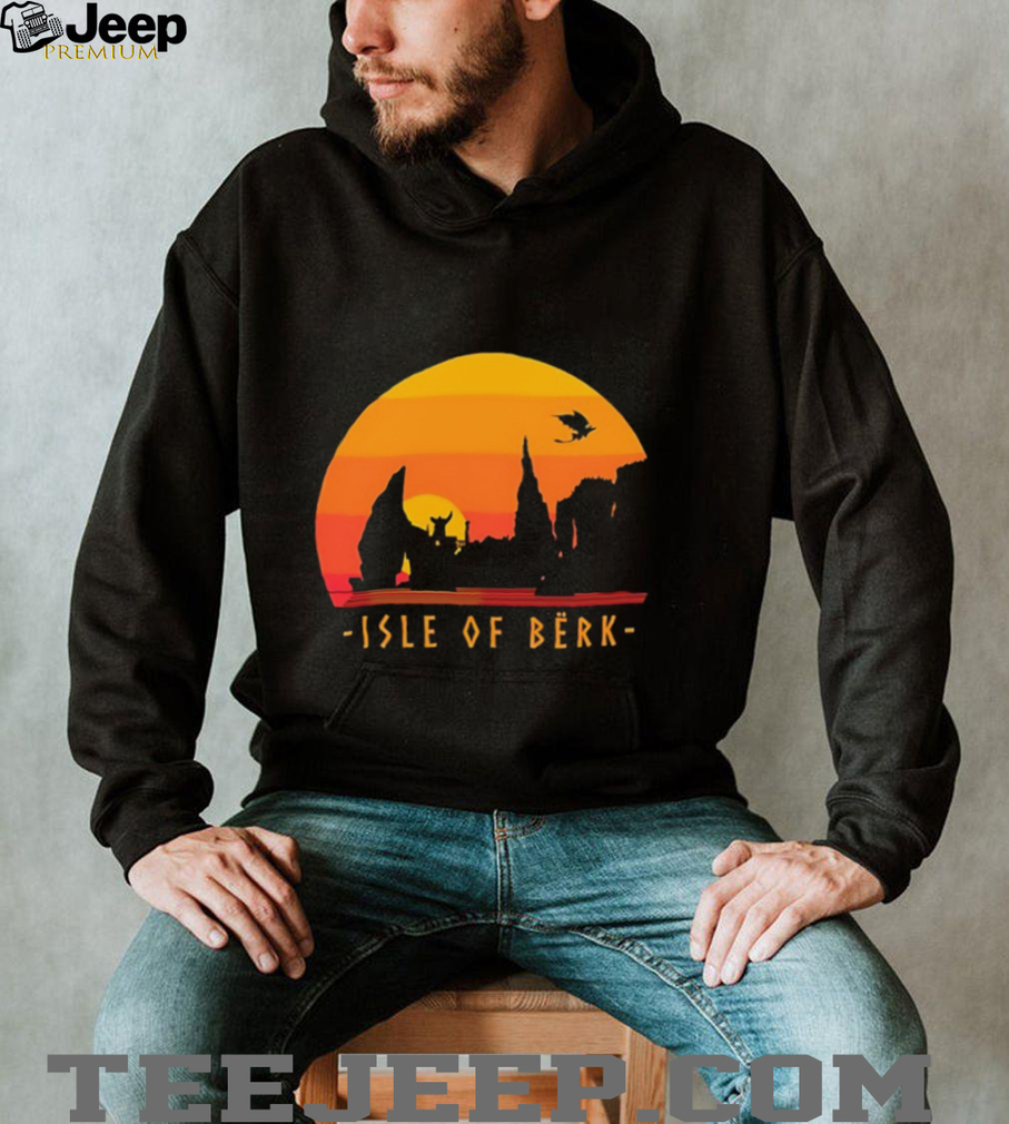 Scenic image of the Isle of Berk with dragons flying