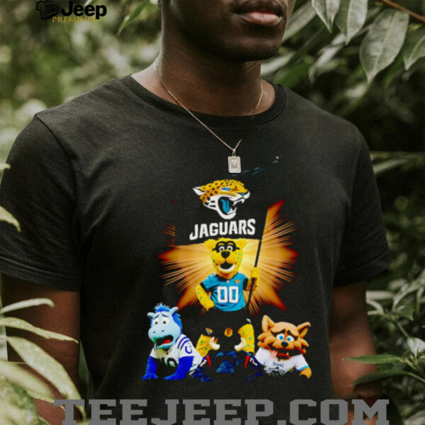 Jacksonville Jaguars mascot standing with flag shirt