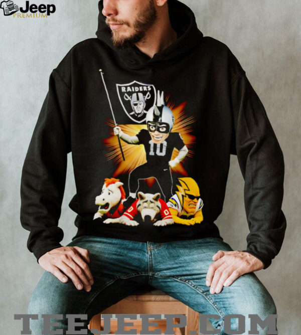 Las Vegas Raiders mascot standing with flag shirt