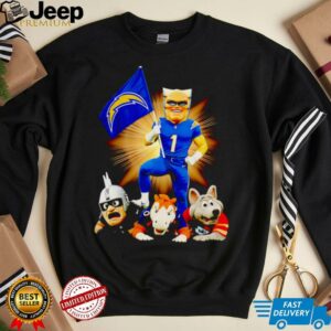 Los Angeles Chargers mascot standing with flag shirt